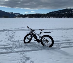 a fat tire bike stands in a field of snow