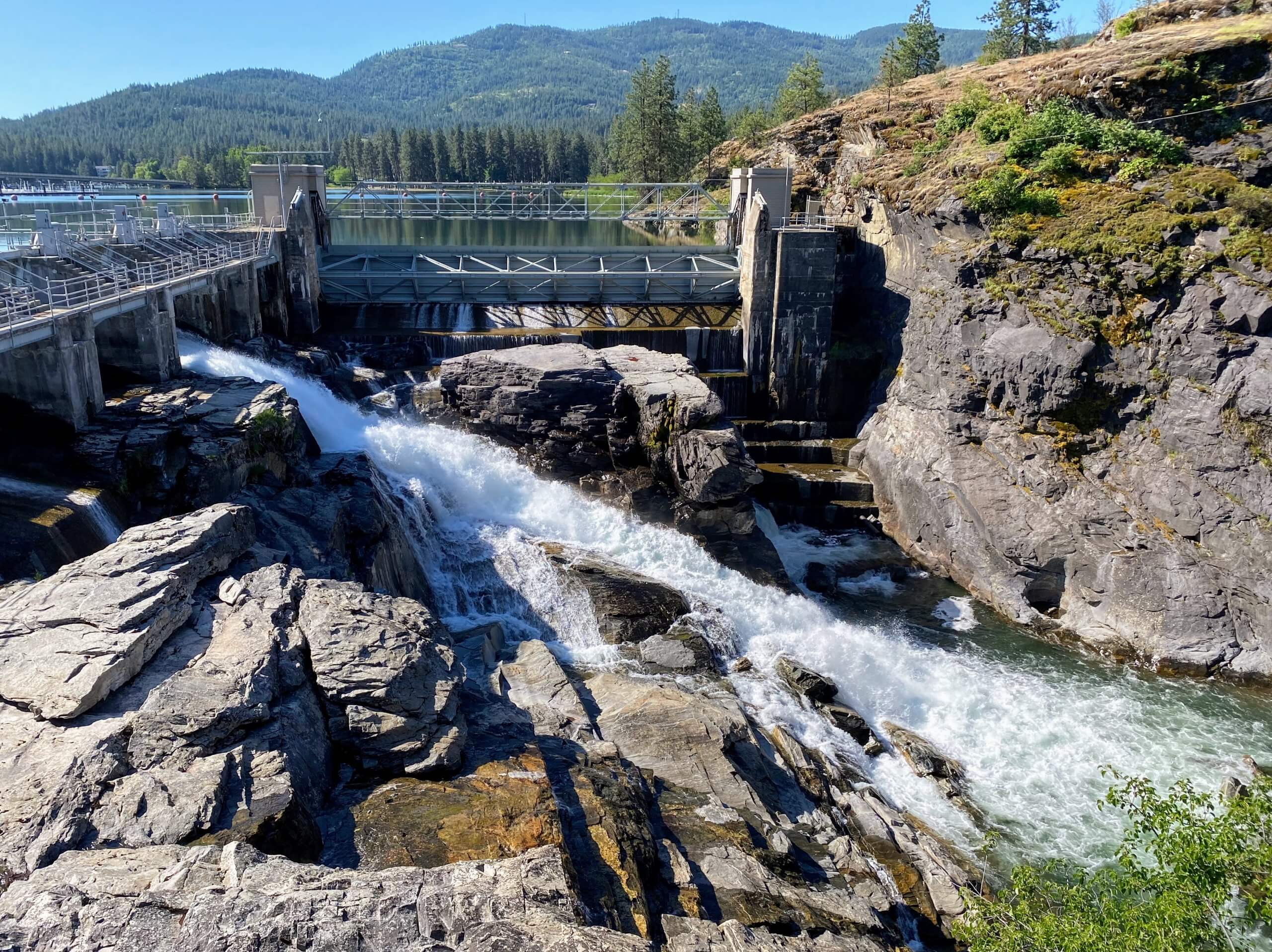 The waterfall rushes through some of the oldest rocks in Idaho across Falls Park in Post Falls through a dam, rippling beneath a boardwalk with railings.