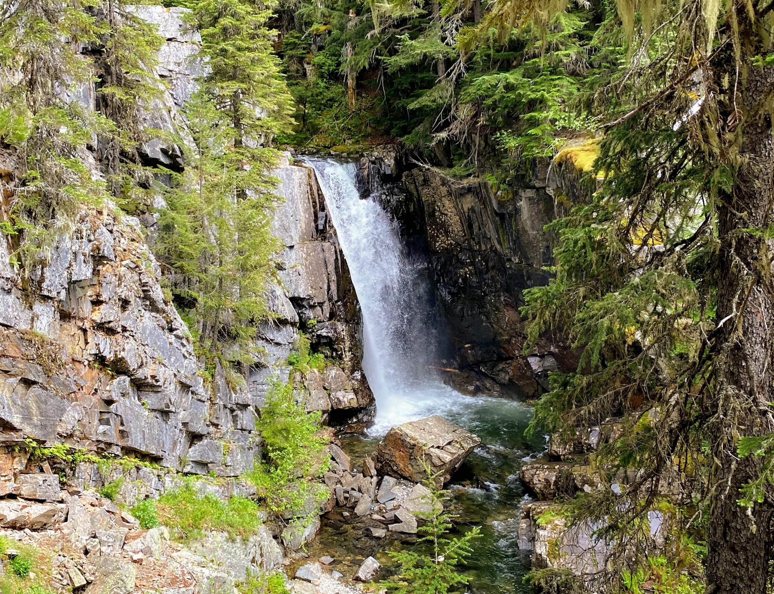 The Char Falls fall like a watery ribbon 50 feet deep in the wooded Kaniksu National Forest, right off the Pend Oreille Scenic Byway.