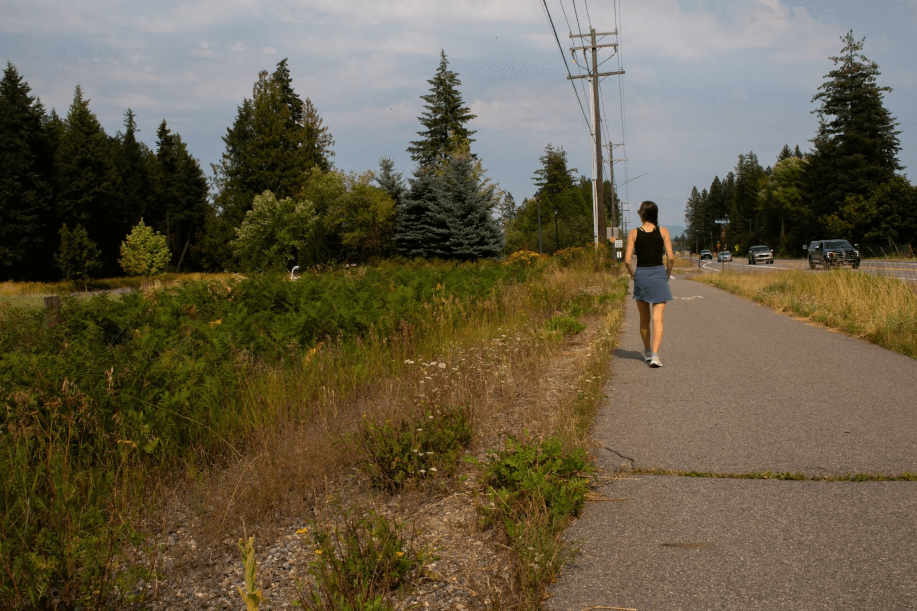 A woman walking along the paved Sandpoint Dover Community Trail past fields of tall grass and tall trees, and cars driving down a road in the opposite direction.