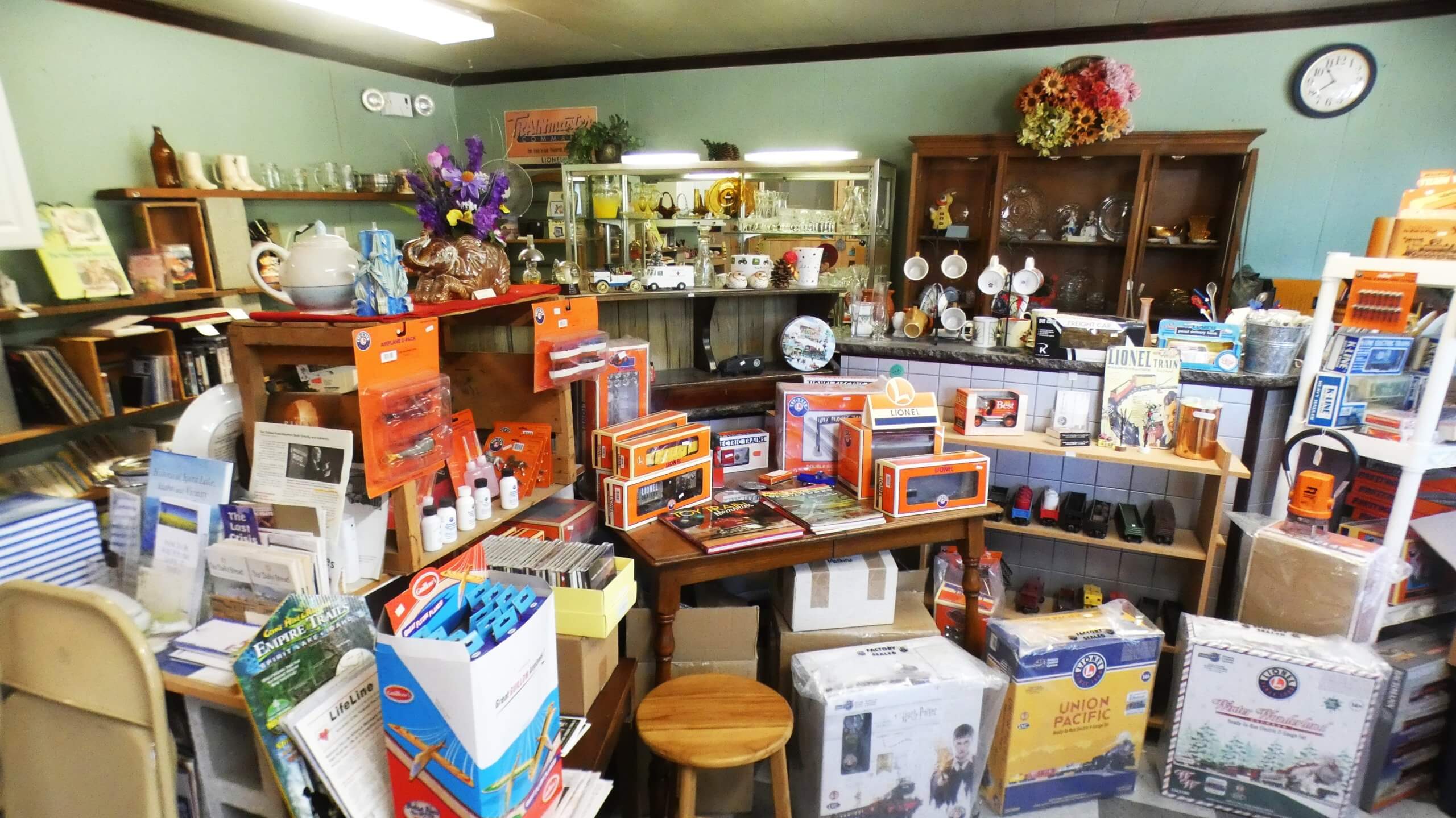 Home decor, model train sets and other various goods on display inside at C's Trains and Antique Shop.