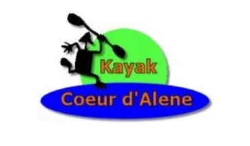 An illustration of a person's silhouette running with a paddle in hand beside the words Kayak Coeur d'Alene