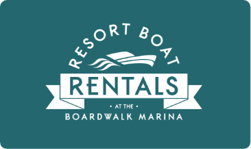 An illustration of a boat and waves surrounded by the words Resort Boat Rentals at the Boardwalk Marina.