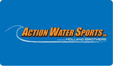 The words Action Water Sports LLC With the Holland Brothers above an illustration of a wave.