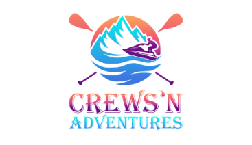 An illustration showing two paddles behind an image of a person riding a jet ski past a mountain range, and beneath it, the words Crews'N Adventures.