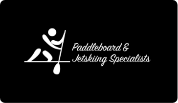 An illustration of a person paddleboarding beside the words Paddleboarding & Jetskiing Specialists.